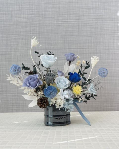 永生玫瑰桌花-藍 高腳古典桌花,  不凋花, 乾燥花, 索拉花, 仿真花, 永生花