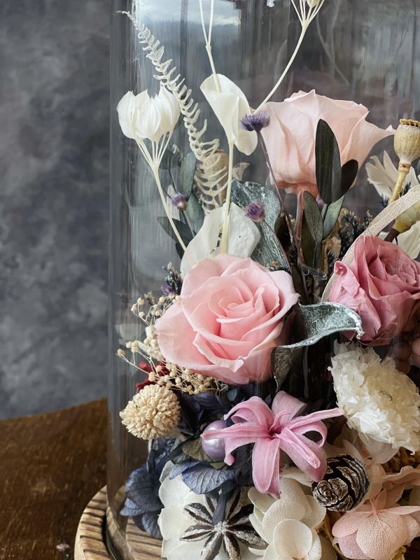 玻璃永生花盅(L) 玻璃永生花盅, 節慶永生花籃,   festival flower, table flower, basket flower, 不凋花, 乾燥花, 索拉花, 仿真花, 永生花,手提木盒桌上花, 長型木盒桌上花