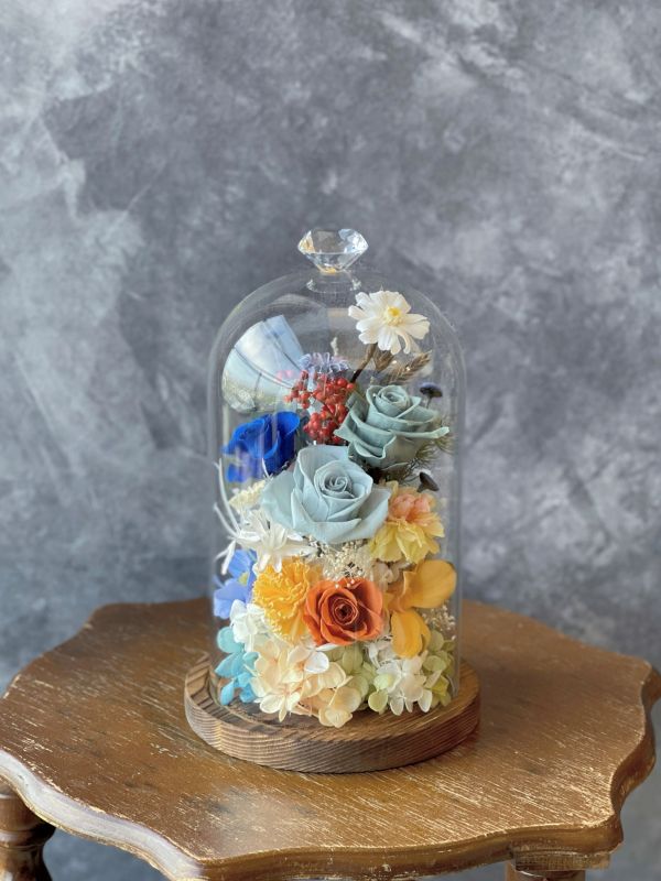 玻璃永生花盅(L) 玻璃永生花盅, 節慶永生花籃,   festival flower, table flower, basket flower, 不凋花, 乾燥花, 索拉花, 仿真花, 永生花,手提木盒桌上花, 長型木盒桌上花