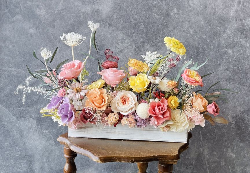 長型木盒桌上花-L 節慶永生花籃,   festival flower, table flower, basket flower, 不凋花, 乾燥花, 索拉花, 仿真花, 永生花,手提木盒桌上花, 長型木盒桌上花