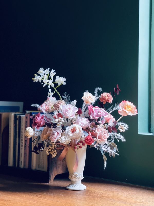 古典玫瑰桌花-L 擬真花, 古典玫瑰桌花,高腳古典桌花,  不凋花, 乾燥花, 索拉花, 仿真花, 永生花