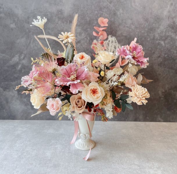 古典玫瑰桌花-L 擬真花, 古典玫瑰桌花,高腳古典桌花,  不凋花, 乾燥花, 索拉花, 仿真花, 永生花