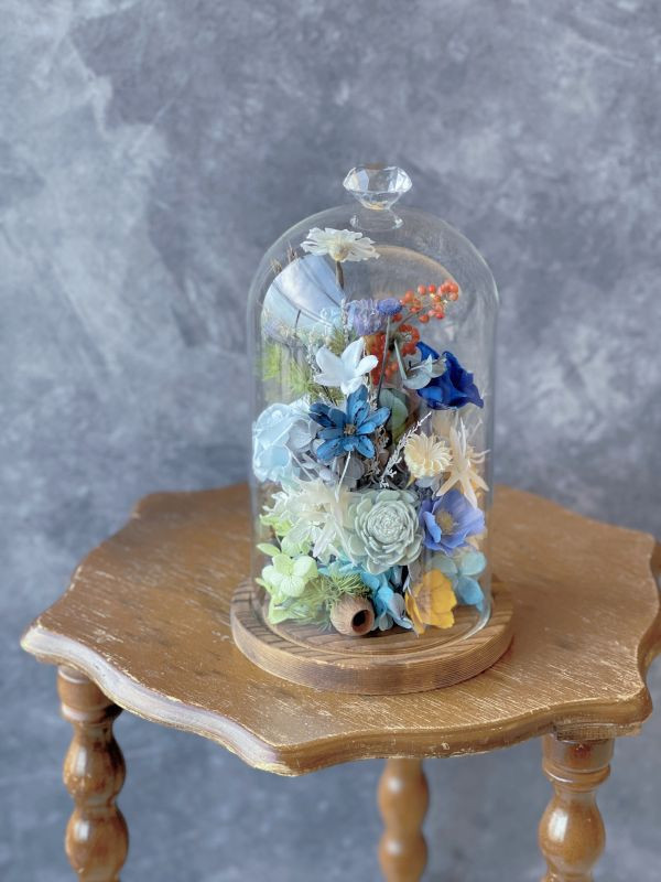 玻璃永生花盅(M) 玻璃永生花盅, 節慶永生花籃,   festival flower, table flower, basket flower, 不凋花, 乾燥花, 索拉花, 仿真花, 永生花,手提木盒桌上花, 長型木盒桌上花