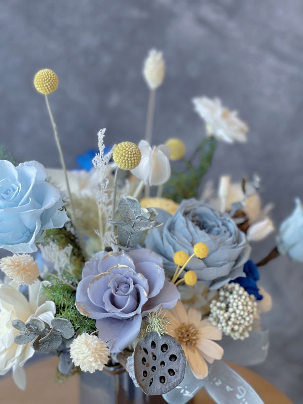 永生玫瑰桌花-藍 高腳古典桌花,  不凋花, 乾燥花, 索拉花, 仿真花, 永生花