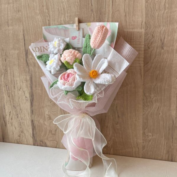 編織花束 編織花, 毛線花, 乾燥花, 索拉花, 仿真花, 永生花, 花籃, 藤籃桌花, 鉤針, crochet,