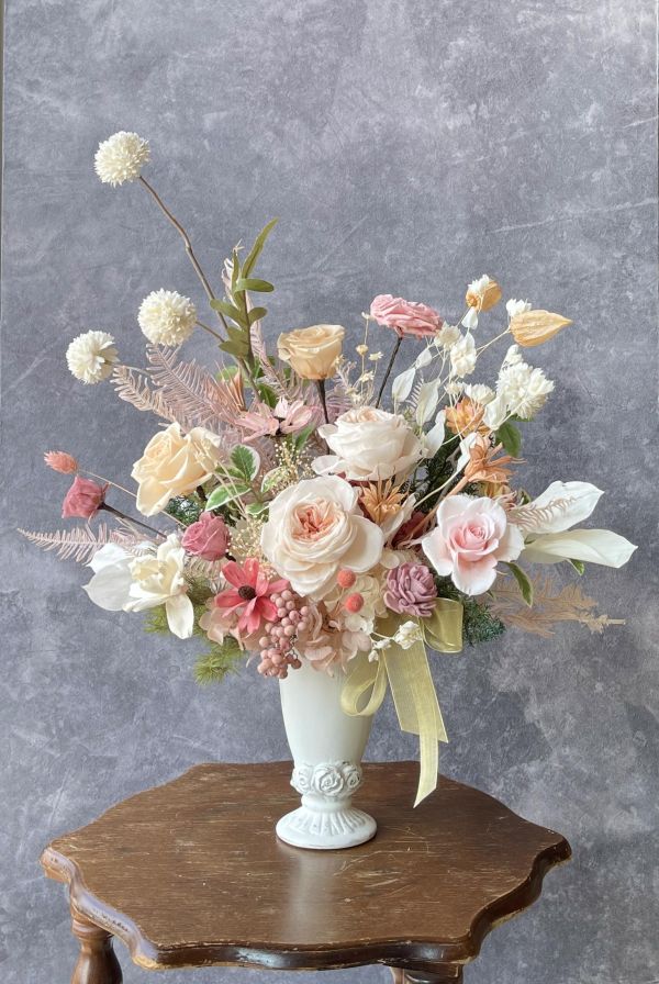 古典玫瑰桌花 擬真花, 古典玫瑰桌花,高腳古典桌花,  不凋花, 乾燥花, 索拉花, 仿真花, 永生花