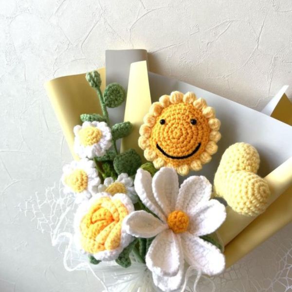 編織花束 編織花, 毛線花, 乾燥花, 索拉花, 仿真花, 永生花, 花籃, 藤籃桌花, 鉤針, crochet,