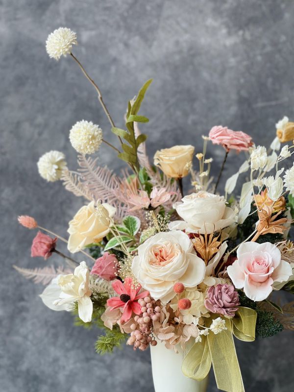 古典玫瑰桌花 擬真花, 古典玫瑰桌花,高腳古典桌花,  不凋花, 乾燥花, 索拉花, 仿真花, 永生花