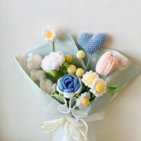 編織花束 編織花, 毛線花, 乾燥花, 索拉花, 仿真花, 永生花, 花籃, 藤籃桌花, 鉤針, crochet,