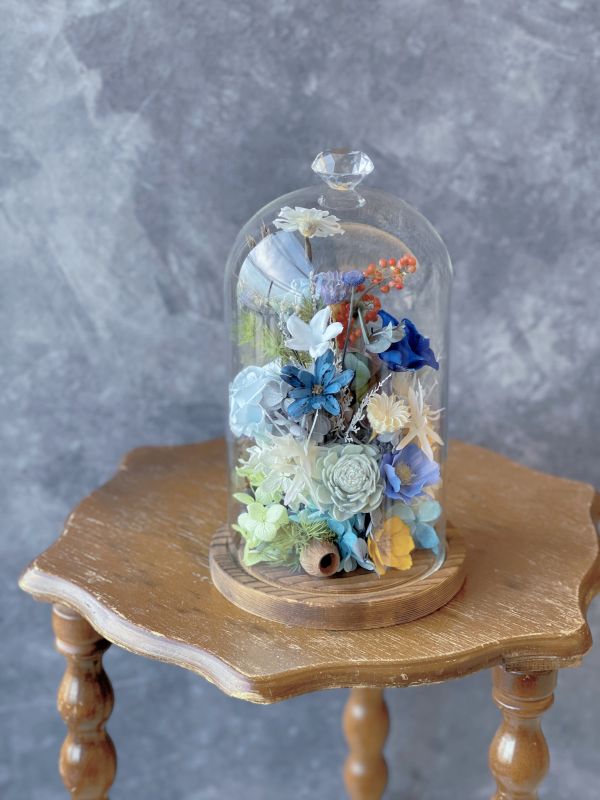 玻璃永生花盅(L) 玻璃永生花盅, 節慶永生花籃,   festival flower, table flower, basket flower, 不凋花, 乾燥花, 索拉花, 仿真花, 永生花,手提木盒桌上花, 長型木盒桌上花