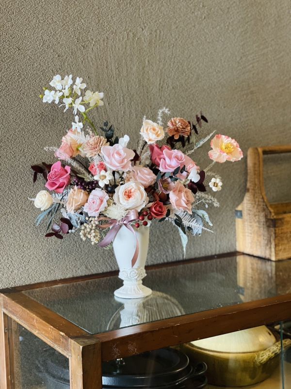 古典玫瑰桌花-L 擬真花, 古典玫瑰桌花,高腳古典桌花,  不凋花, 乾燥花, 索拉花, 仿真花, 永生花