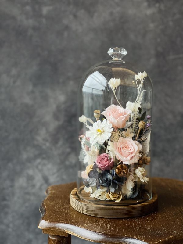 玻璃永生花盅(L) 玻璃永生花盅, 節慶永生花籃,   festival flower, table flower, basket flower, 不凋花, 乾燥花, 索拉花, 仿真花, 永生花,手提木盒桌上花, 長型木盒桌上花