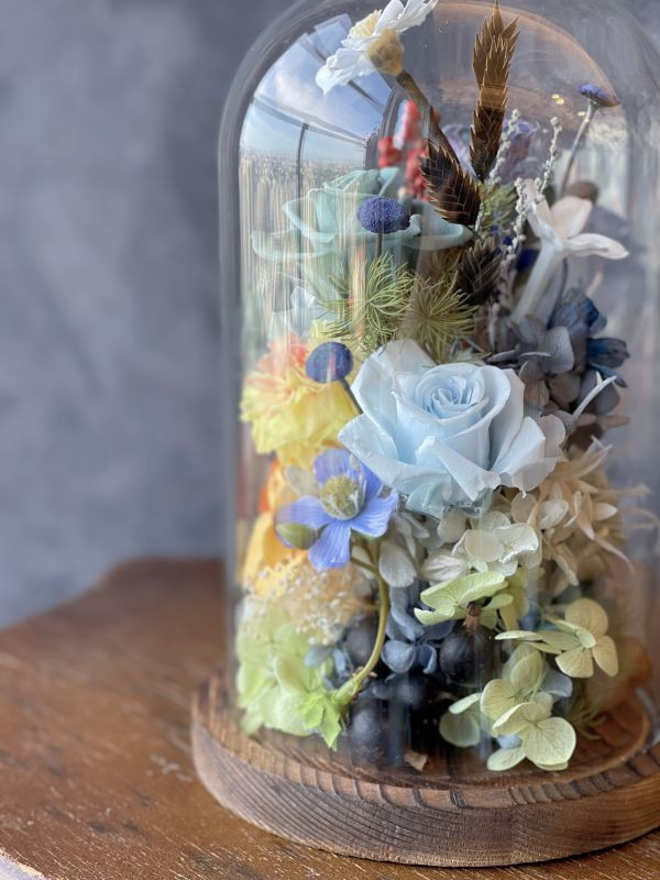 玻璃永生花盅(M) 玻璃永生花盅, 節慶永生花籃,   festival flower, table flower, basket flower, 不凋花, 乾燥花, 索拉花, 仿真花, 永生花,手提木盒桌上花, 長型木盒桌上花