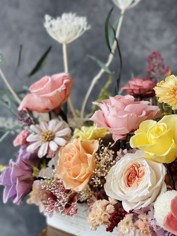 長型木盒桌上花-L 節慶永生花籃,   festival flower, table flower, basket flower, 不凋花, 乾燥花, 索拉花, 仿真花, 永生花,手提木盒桌上花, 長型木盒桌上花