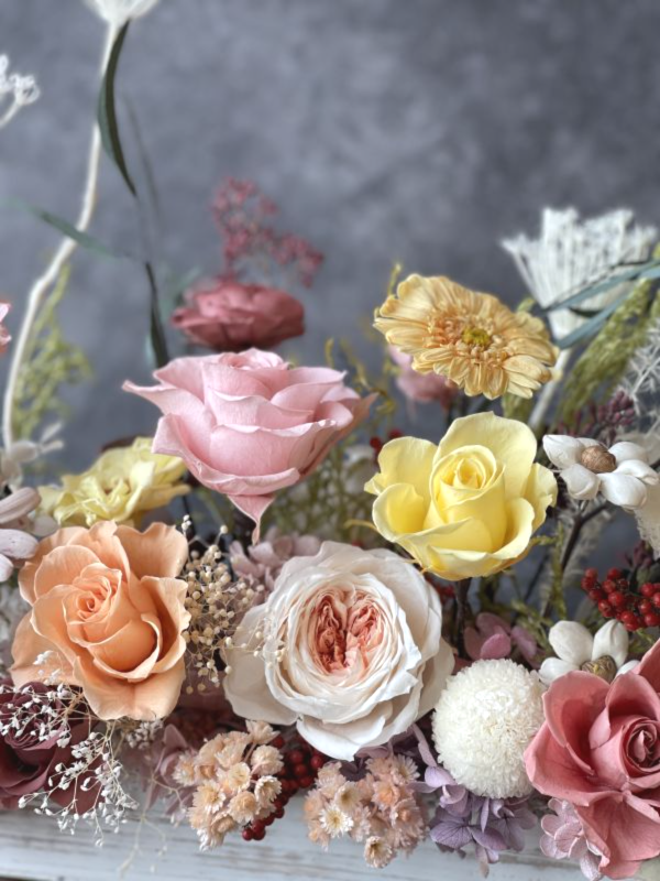 長型木盒桌上花-L 節慶永生花籃,   festival flower, table flower, basket flower, 不凋花, 乾燥花, 索拉花, 仿真花, 永生花,手提木盒桌上花, 長型木盒桌上花