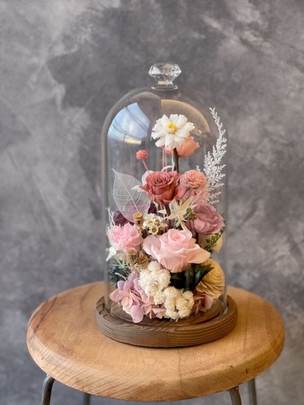 玻璃永生花盅(L) 玻璃永生花盅, 節慶永生花籃,   festival flower, table flower, basket flower, 不凋花, 乾燥花, 索拉花, 仿真花, 永生花,手提木盒桌上花, 長型木盒桌上花