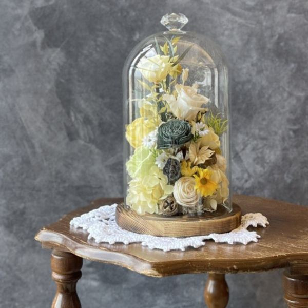 玻璃永生花盅(L) 玻璃永生花盅, 節慶永生花籃,   festival flower, table flower, basket flower, 不凋花, 乾燥花, 索拉花, 仿真花, 永生花,手提木盒桌上花, 長型木盒桌上花