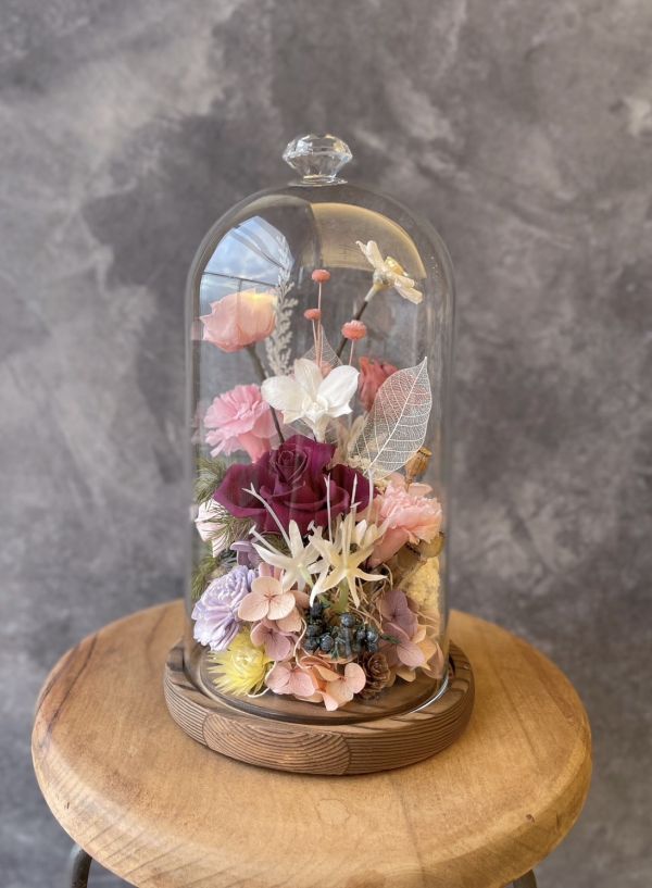 玻璃永生花盅(L) 玻璃永生花盅, 節慶永生花籃,   festival flower, table flower, basket flower, 不凋花, 乾燥花, 索拉花, 仿真花, 永生花,手提木盒桌上花, 長型木盒桌上花