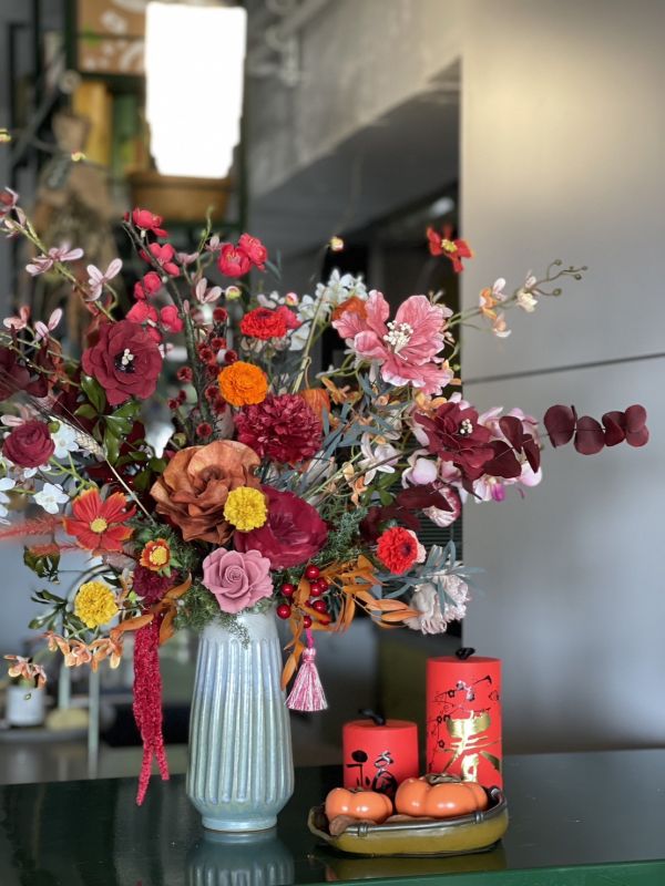 陶器永生桌花 新年桌花,  不凋花, 乾燥花, 索拉花, 仿真花, 永生花,永生花課程,新年花禮, chinesenewyeargift, 過年居家布置, 過年花禮, 乾燥花, 擬真花, 日本大地農園, 玄關花, 茶几花