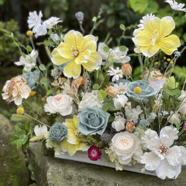 長型木盒桌上花-L 節慶永生花籃,   festival flower, table flower, basket flower, 不凋花, 乾燥花, 索拉花, 仿真花, 永生花,手提木盒桌上花, 長型木盒桌上花