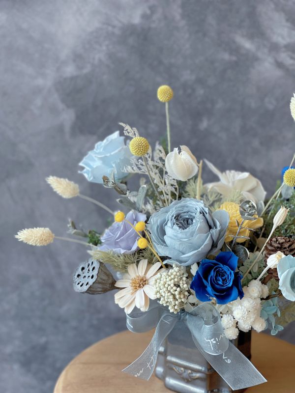 永生玫瑰桌花-藍 高腳古典桌花,  不凋花, 乾燥花, 索拉花, 仿真花, 永生花