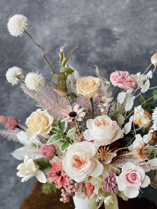 古典玫瑰桌花 擬真花, 古典玫瑰桌花,高腳古典桌花,  不凋花, 乾燥花, 索拉花, 仿真花, 永生花