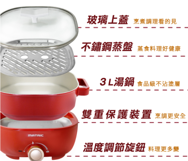 【松木家電】蒸鮮煎煮三用料理鍋(紅) 
