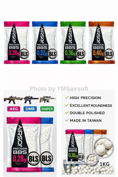 BLS 0.28/0.32/0.36/0.4g-一公斤裝 6mm 精密研磨BB彈 一般彈 非環保彈 BLS 台灣, BB 彈 推薦, 高精度 BB 彈 現貨, 生存遊戲 彈藥, Airsoft BB 彈 台灣, YMS BLS