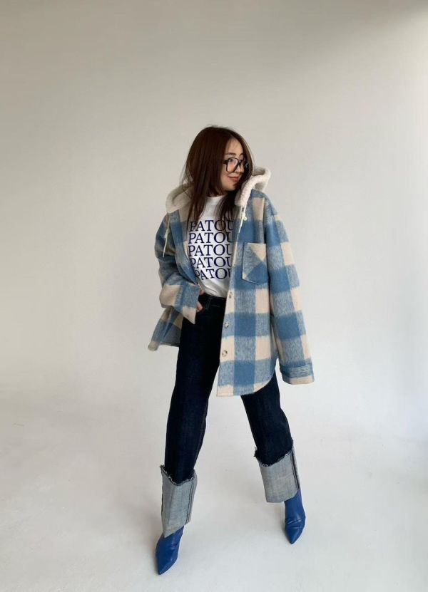 連帽彩色格子襯衫 