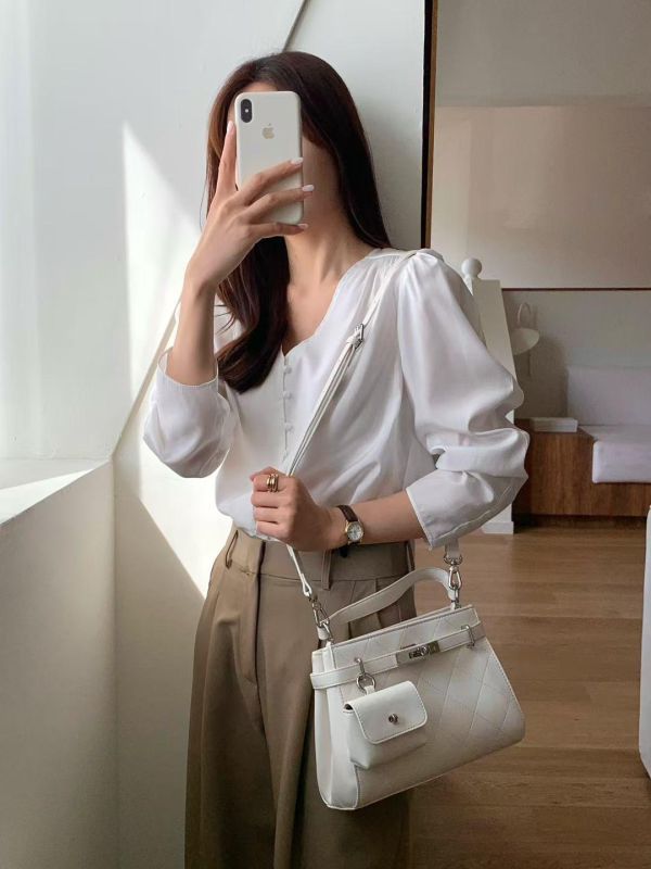 法式菱格真皮二用包 