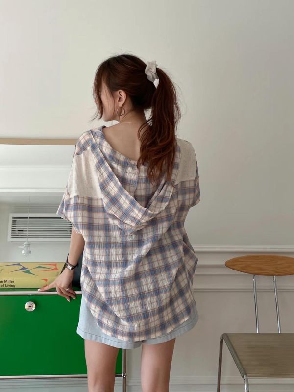 連帽格紋棉麻大口袋襯 