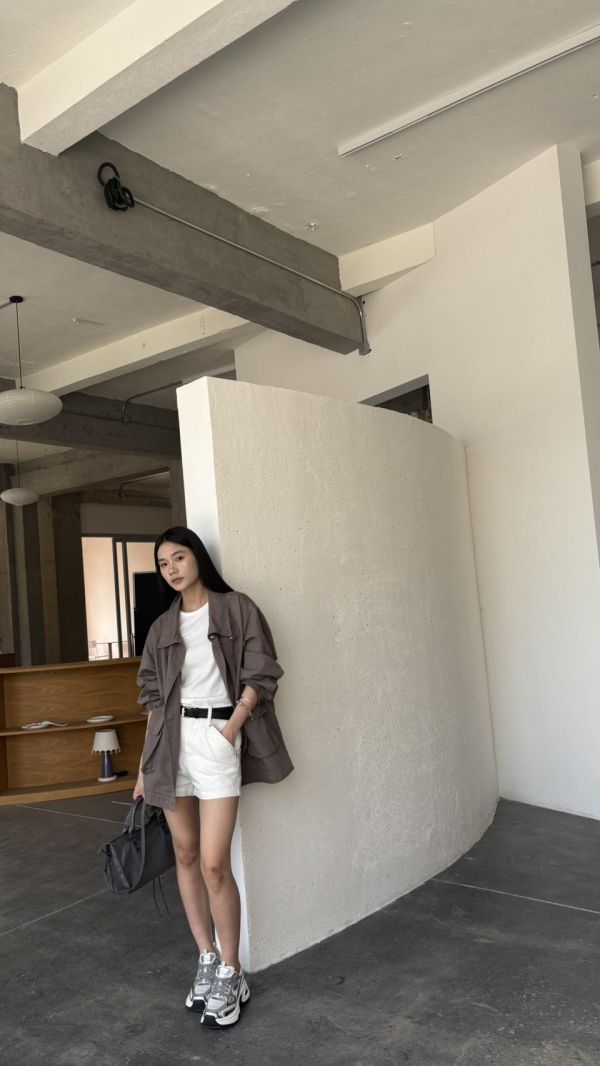 前口袋長版工裝薄外（灰綠） 