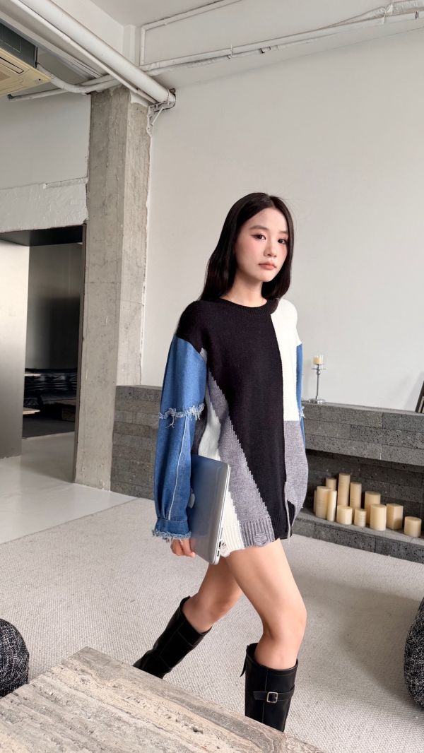 牛仔拼接針織衫 