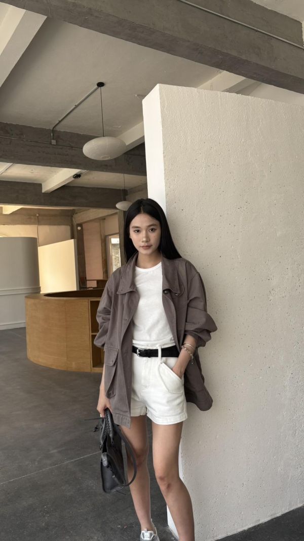 前口袋長版工裝薄外（灰綠） 