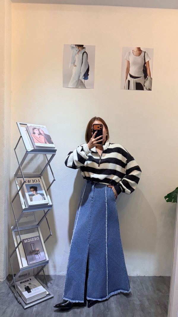 開衩滾邊牛仔裙 