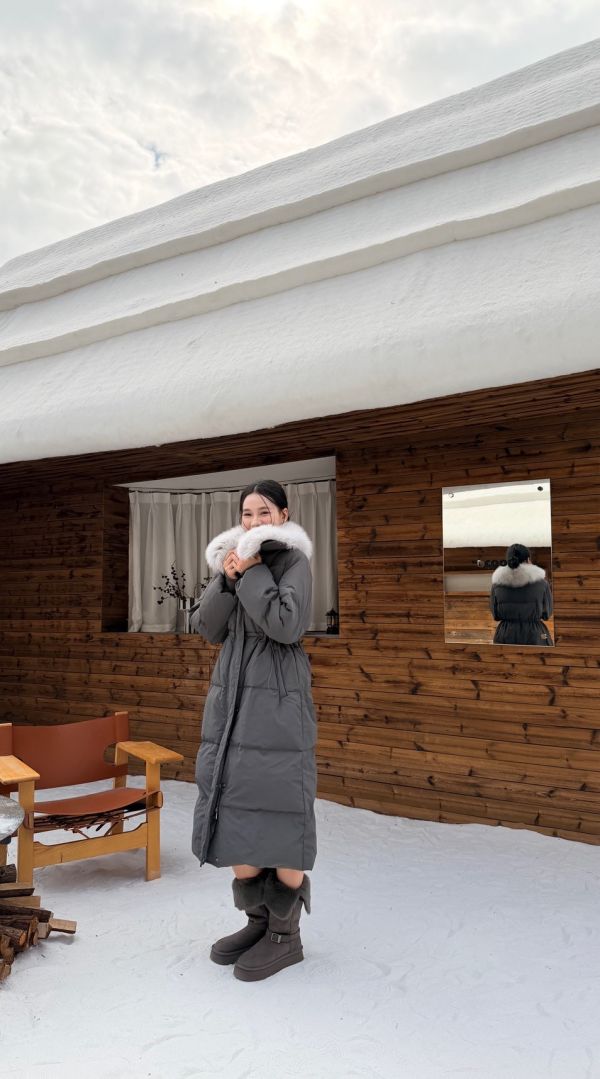 鴨絨90%狐狸毛長版外套（灰色） 