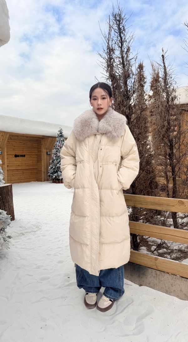 鴨絨90%狐狸毛長版外套（白色） 