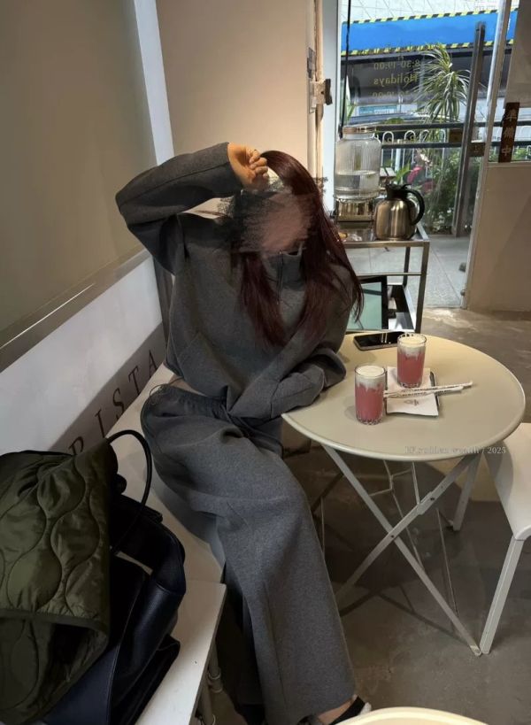 立領加絨長褲套裝 