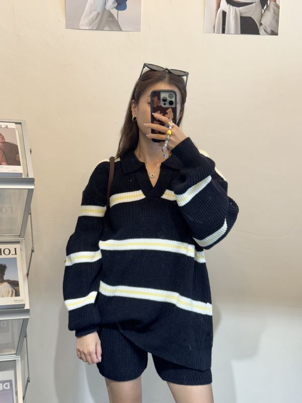 T02.V領線條針織短褲SET 