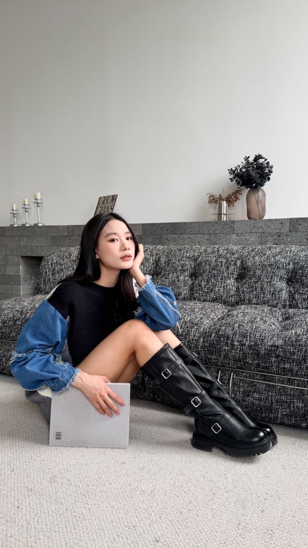 牛仔拼接針織衫 