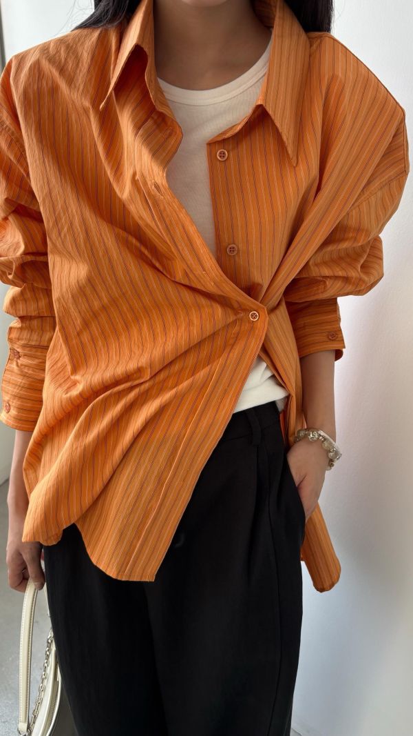 線條側釦襯衫（橘色） 