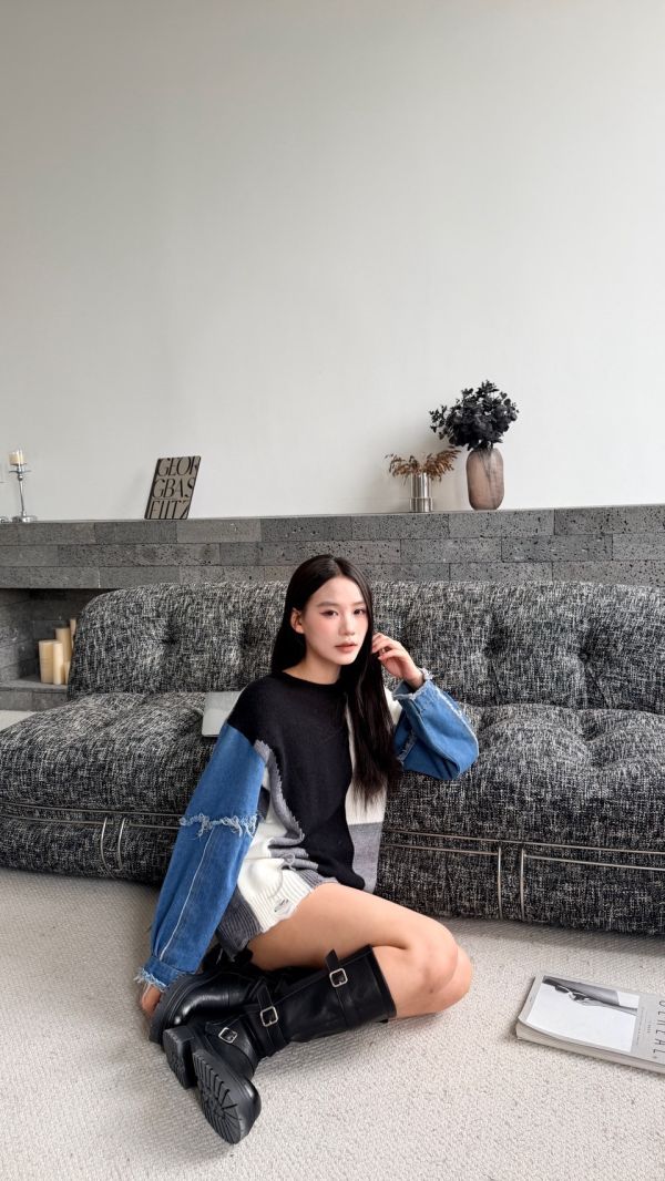 牛仔拼接針織衫 