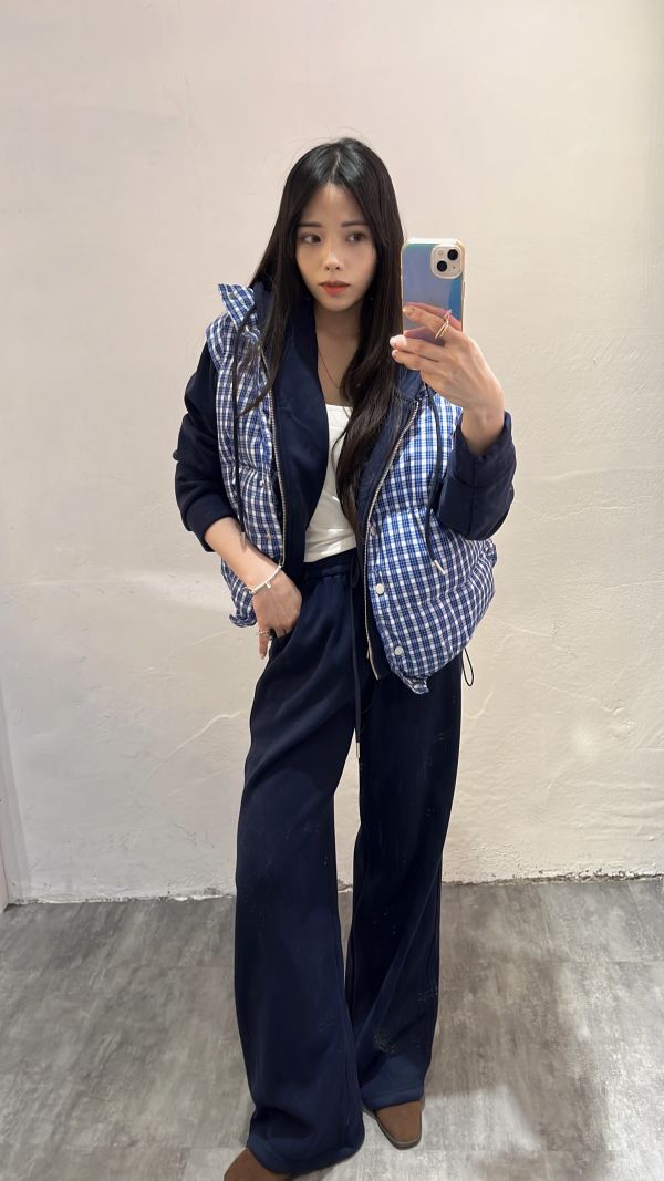 格紋鋪棉背心刷絨套裝 