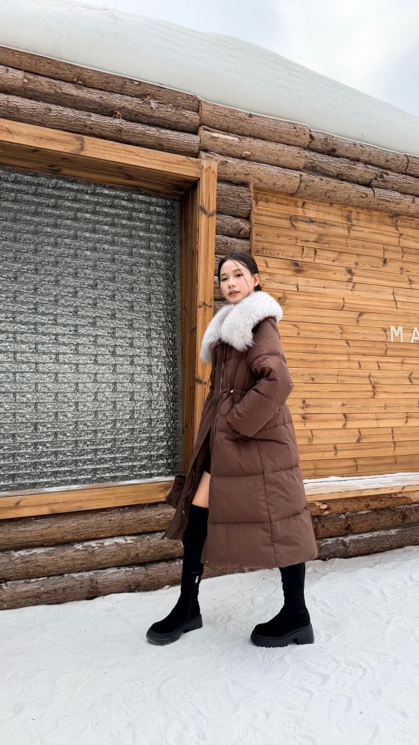 鴨絨90%狐狸毛長版外套（咖色） 