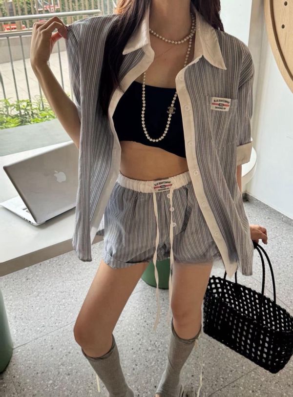 條紋拼標籤短褲SET 