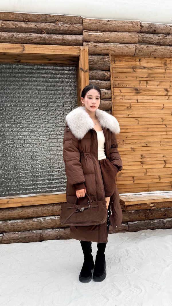鴨絨90%狐狸毛長版外套（咖色） 