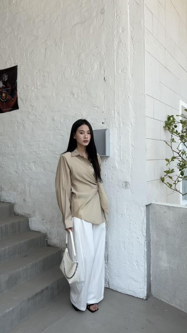 麻料附皮帶鬆緊褲 