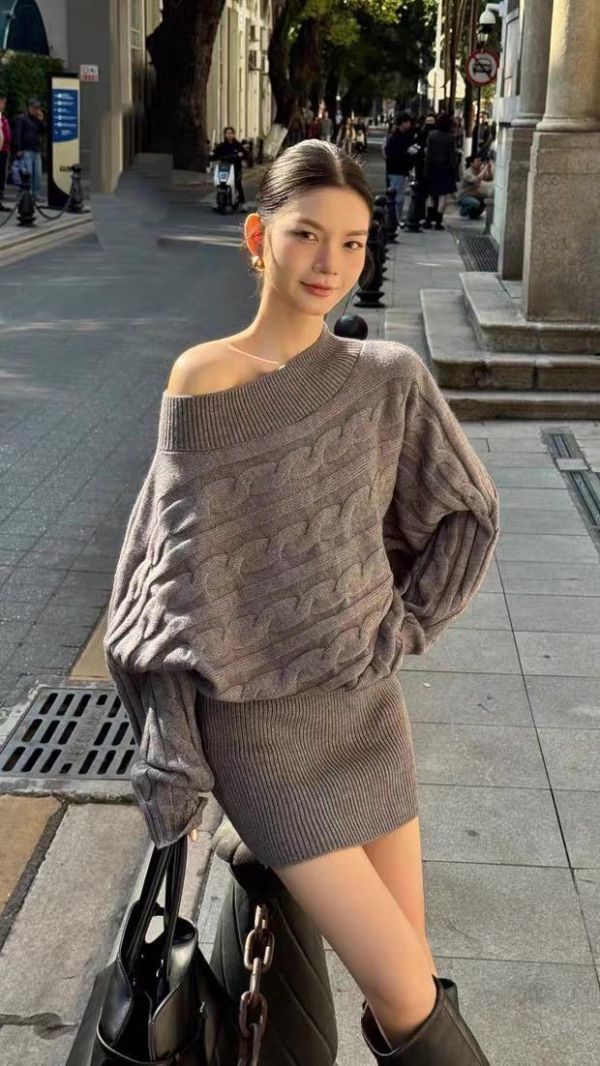 麻花露肩短裙套裝 