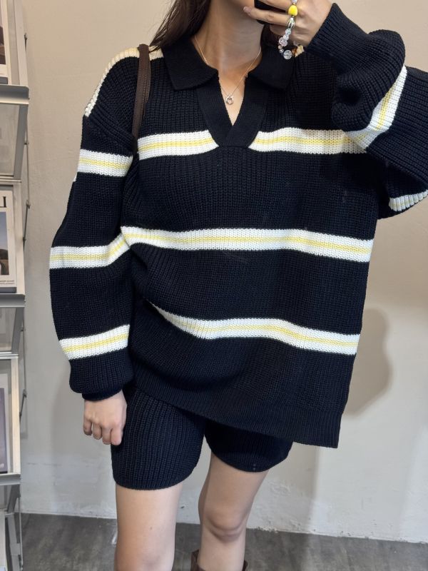 T02.V領線條針織短褲SET 