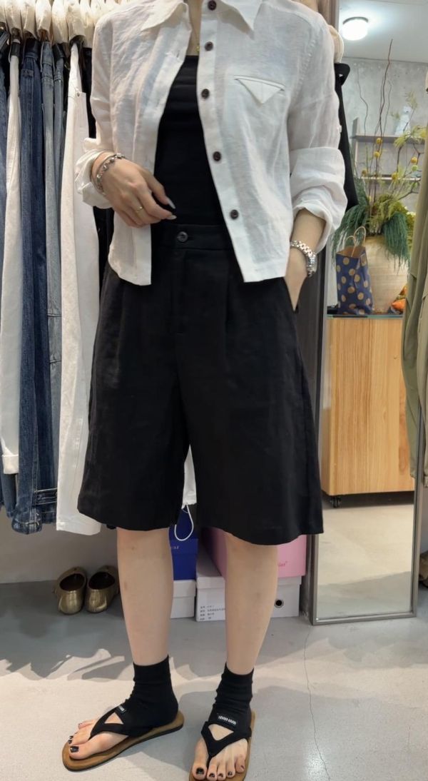亞麻簡約五分褲 